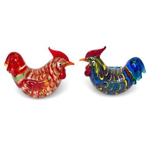 Hand Blown Art Glass Rooster Mini Figurines Country Chicken Farmhouse Set 2 Pair